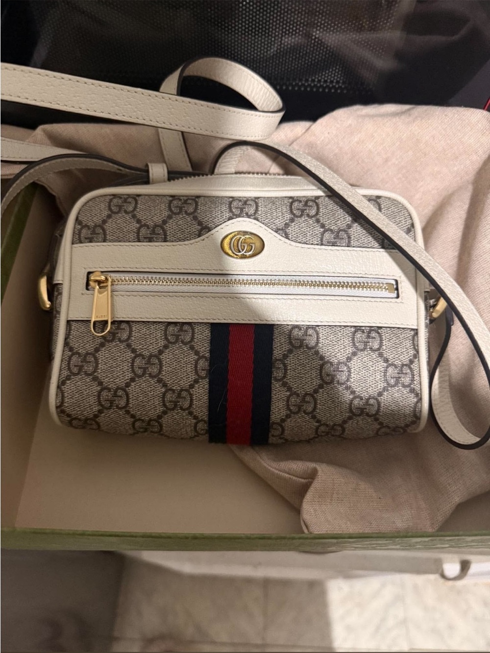 Gucci Beige GG Supreme Canvas Crossbody with White Trim and Red/Navy Web